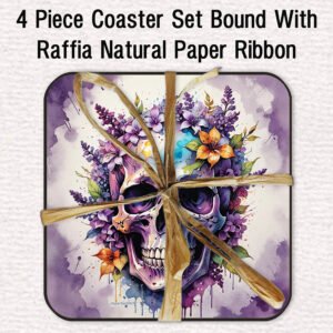 4-piece-watercolour-skull-coaster-set-stacked-with-Raffia-Paper-Ribbon