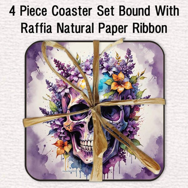 4-piece-watercolour-skull-coaster-set-stacked-with-Raffia-Paper-Ribbon