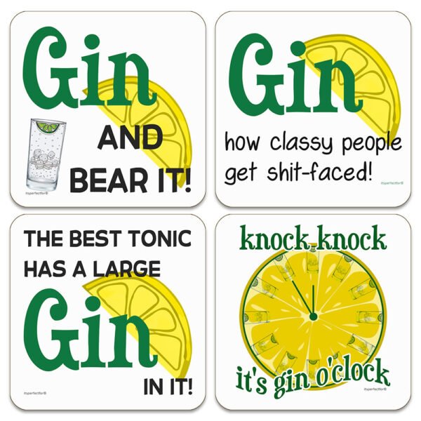 Set of 4 Gin Drinks Coasters - Fun & Useful Gin Themed Gift - Perfect for Gin Lovers