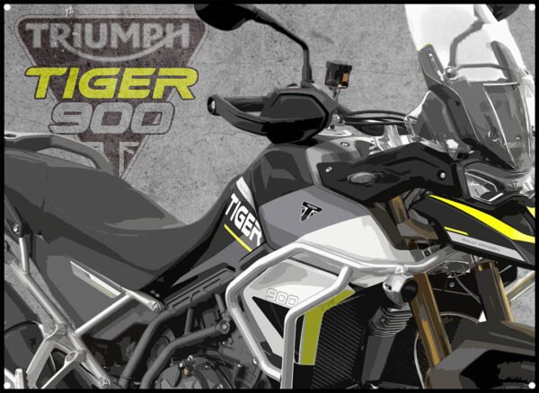 triumph tiger rally pro 900 metal sign showing image of bike and triumph motorcycles logo