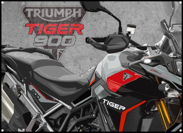 triumph tiger rally pro 900 metal sign showing image of bike and triumph motorcycles logo