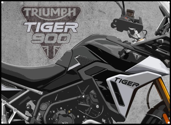 triumph tiger rally pro 900 metal sign showing image of bike and triumph motorcycles logo