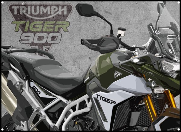triumph tiger rally pro 900 metal sign showing image of bike and triumph motorcycles logo