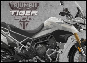 triumph tiger rally pro 900 metal sign showing image of bike and triumph motorcycles logo