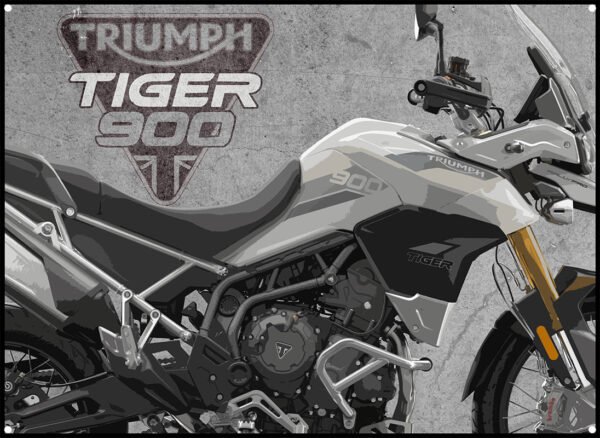 triumph tiger rally pro 900 metal sign showing image of bike and triumph motorcycles logo