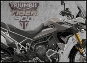 triumph tiger rally pro 900 metal sign showing image of bike and triumph motorcycles logo
