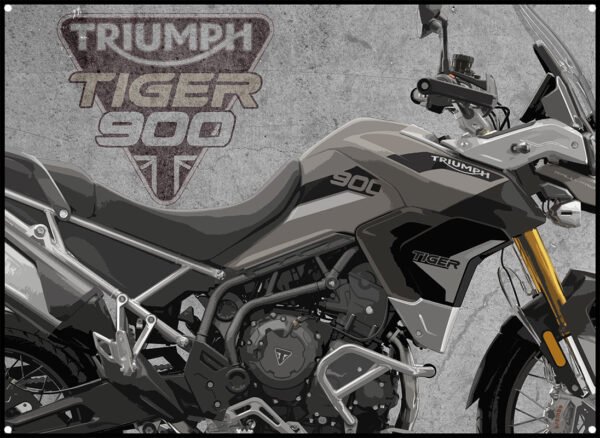 triumph tiger rally pro 900 metal sign showing image of bike and triumph motorcycles logo