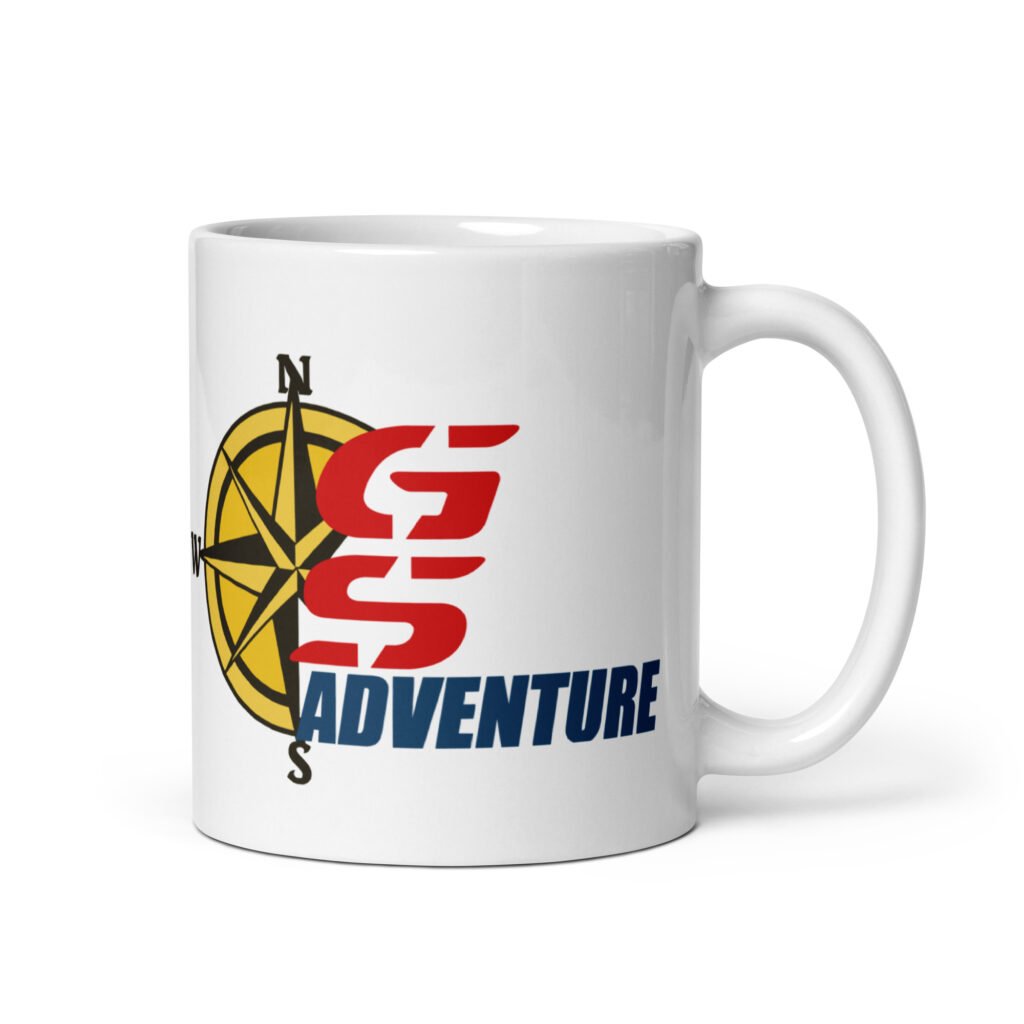 bmw gs motorcycle white mug with compass design