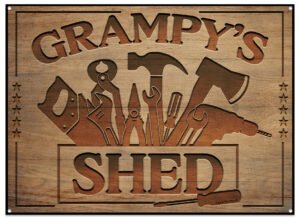 Grampys-Shed-metal-sign-with-tools-engraved-in-wood-effect