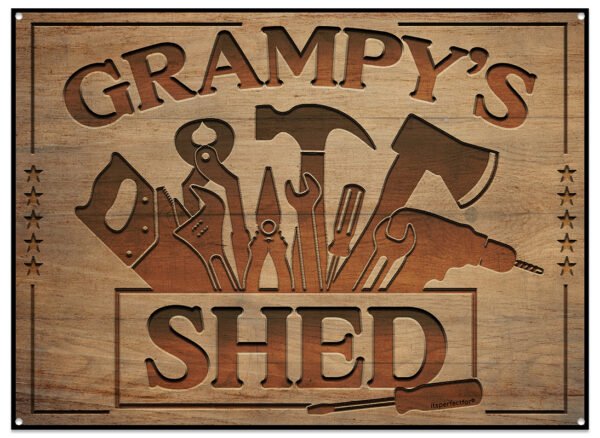 Grampys-Shed-metal-sign-with-tools-engraved-in-wood-effect