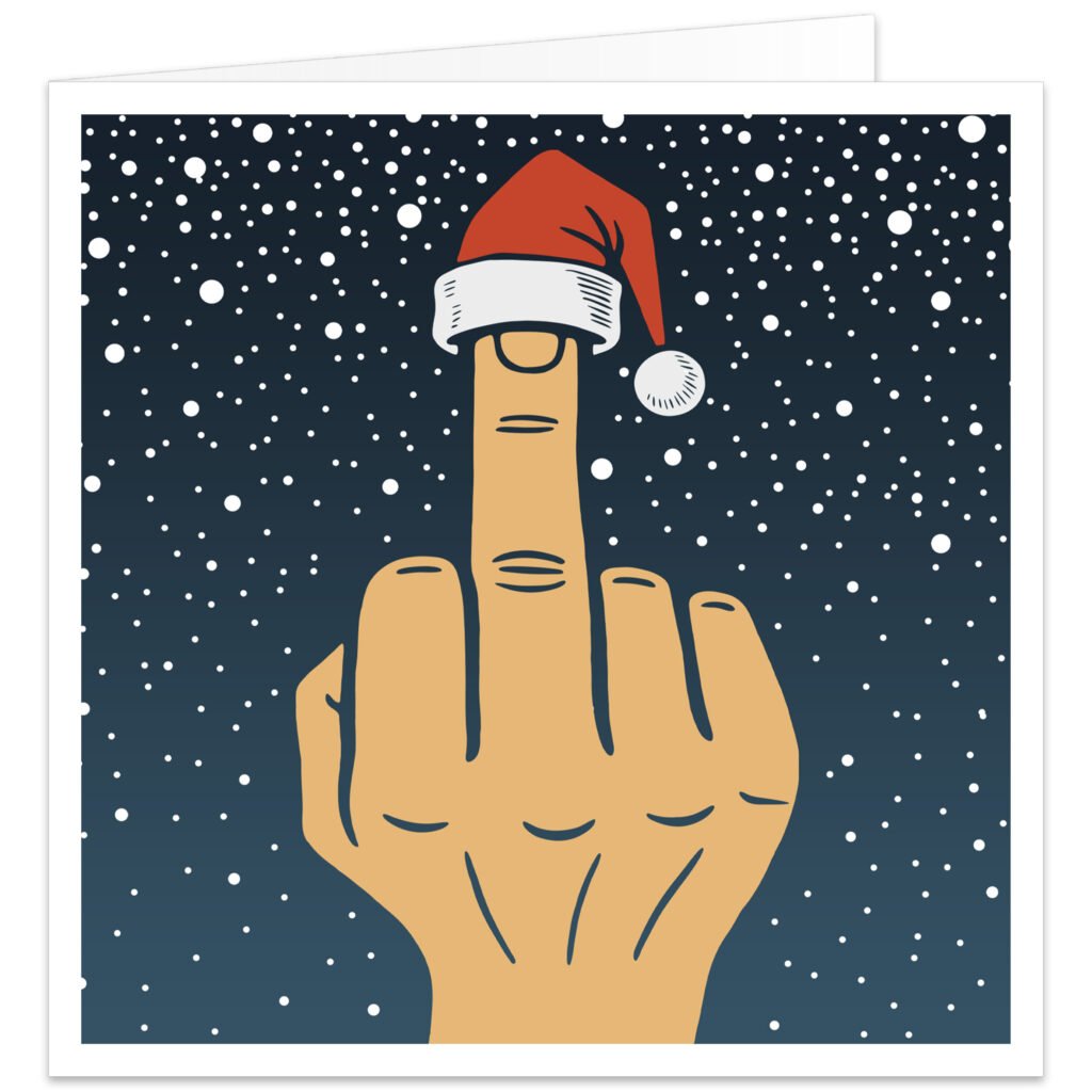 Funny Christmas card featuring a hand wearing a Santa hat on its middle finger, making a rude gesture against a snowy night sky. Minimalist adult humour festive greeting card with a cheeky, modern design.