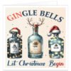 Funny Gin Christmas card featuring three festive gin bottles with Santa hats, reindeer antlers, fairy lights and holly. The design reads "GinGle Bells" and "Let Christmas BeGIN", making it the perfect humorous Christmas card for gin lovers, Secret Santa gifts and festive greetings.