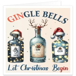 Funny Gin Christmas card featuring three festive gin bottles with Santa hats, reindeer antlers, fairy lights and holly. The design reads "GinGle Bells" and "Let Christmas BeGIN", making it the perfect humorous Christmas card for gin lovers, Secret Santa gifts and festive greetings.