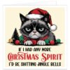 Funny Christmas card featuring a grumpy black-and-white cat wearing a Father Christmas hat and festive scarf, surrounded by baubles and a Christmas tree, with a rude sh***ing jingle bells joke.