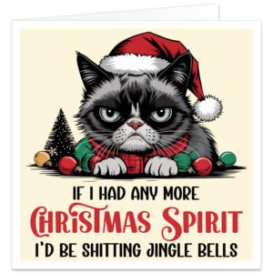 Funny Christmas card featuring a grumpy black-and-white cat wearing a Father Christmas hat and festive scarf, surrounded by baubles and a Christmas tree, with a rude sh***ing jingle bells joke.