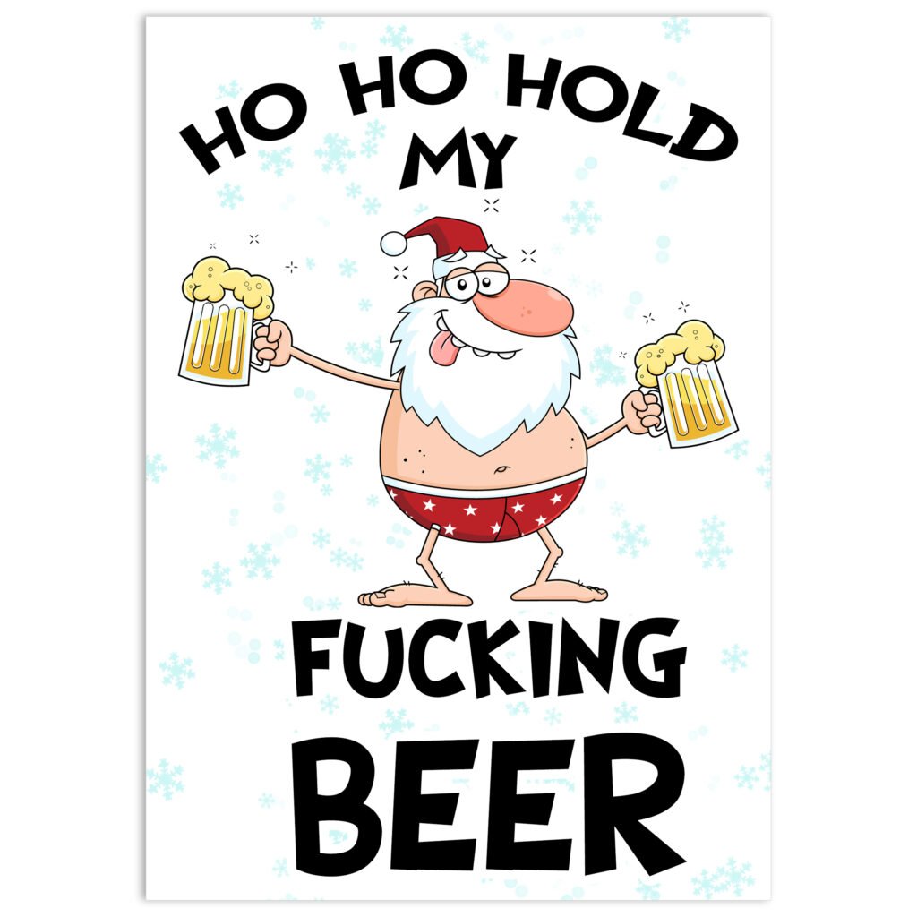 drink santa cartoon hold 2 beer glasses
