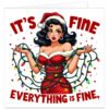 Funny Christmas card featuring a retro pin-up woman in a Santa outfit tangled in colourful festive lights, with the caption “It’s Fine. Everything Is Fine”.