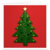 Circuit board Christmas card featuring a green PCB Christmas tree with gold circuitry, glowing lights and a star on a festive red background.