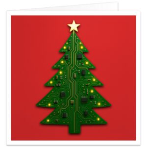 Circuit board Christmas card featuring a green PCB Christmas tree with gold circuitry, glowing lights and a star on a festive red background.