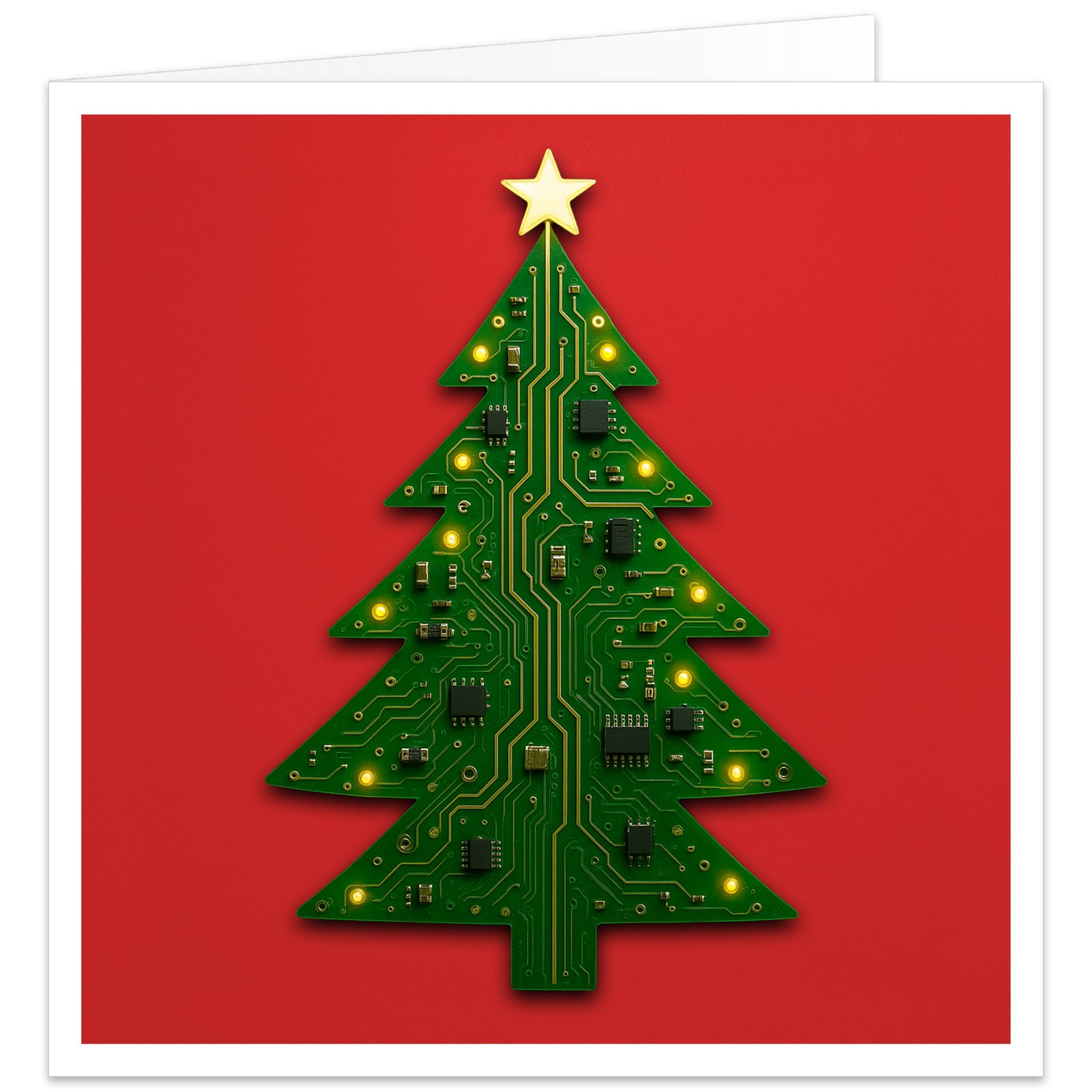 Circuit board Christmas card featuring a green PCB Christmas tree with gold circuitry, glowing lights and a star on a festive red background.