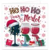 Funny Christmas card featuring three red wine glasses in festive scarves, with a Father Christmas hat, fairy lights and the slogan “Ho Ho Ho, Pour the Merlot”, surrounded by snowflakes, presents and a candy cane.