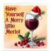 Funny Christmas card featuring a large glass of red wine wearing a Santa hat, with festive holly, greenery and red berries on a warm golden background. Text reads “Have Yourself A Merry Little Merlot”.