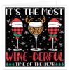 Funny wine Christmas card featuring three festive wine glasses with Father Christmas hats and reindeer antlers on a snowy black background, with the slogan “It’s the Most Wine-derful Time of the Year”.
