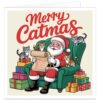 Funny Merry Catmas Christmas card featuring Father Christmas in a green armchair surrounded by four mischievous cats and colourful presents.