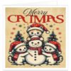 Merry Catmas Christmas card featuring three cute cats in Santa hats and red scarves with a cheerful snowman, festive trees and snowflakes in a vintage-style design.