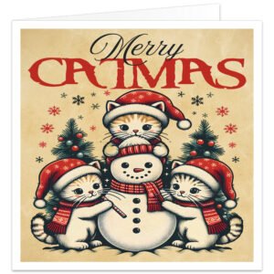 Merry Catmas Christmas card featuring three cute cats in Santa hats and red scarves with a cheerful snowman, festive trees and snowflakes in a vintage-style design.