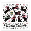 Funny Merry Catmas Christmas card featuring playful black cats in Santa hats and festive scarves, surrounded by fairy lights, baubles, snowflakes and a Christmas present.