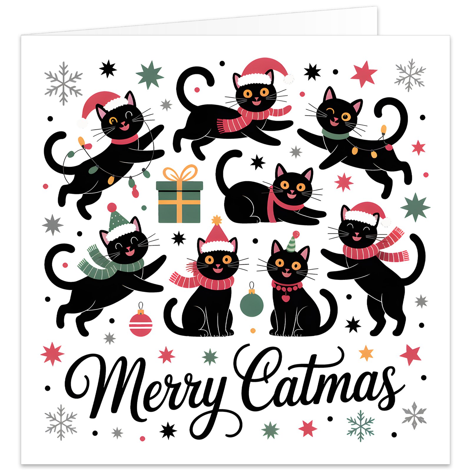 Funny Merry Catmas Christmas card featuring playful black cats in Santa hats and festive scarves, surrounded by fairy lights, baubles, snowflakes and a Christmas present.