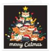 Funny Merry Catmas Christmas card featuring colourful cartoon cats stacked in the shape of a Christmas tree, decorated with festive lights, Santa hats and a golden star.