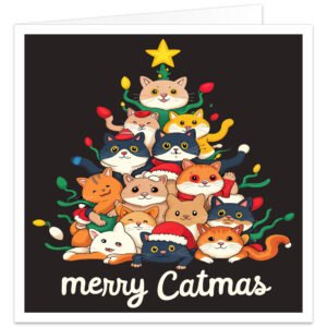 Funny Merry Catmas Christmas card featuring colourful cartoon cats stacked in the shape of a Christmas tree, decorated with festive lights, Santa hats and a golden star.