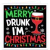 Funny Christmas card with “Merry Drunk I’m Christmas” wording, featuring a red wine glass dressed as Father Christmas, colourful festive lights and white snowflakes on a black background.