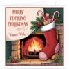 Rude Christmas card with vintage fireplace, festive red stocking, holly, presents and candy canes, featuring “Merry F***ing Christmas” and “Warmest Wishes”.