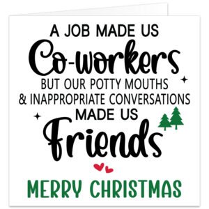 Funny Christmas card for a colleague or work bestie, featuring cheeky workplace friendship humour, bold black lettering, green Christmas trees, red hearts and a Merry Christmas message.