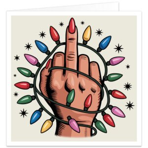 Funny rude Christmas card featuring a hand giving the middle finger wrapped in colourful Christmas lights on a cream background. Retro comic-style festive design with vibrant colours, blank inside and supplied with an envelope.