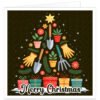 Gardener Christmas card featuring colourful gardening tools, gloves, plants and flowers arranged as a festive Christmas tree, topped with a gold star and surrounded by presents, with Merry Christmas text.