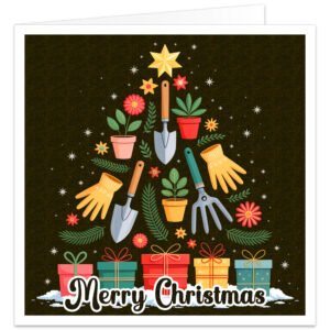 Gardener Christmas card featuring colourful gardening tools, gloves, plants and flowers arranged as a festive Christmas tree, topped with a gold star and surrounded by presents, with Merry Christmas text.