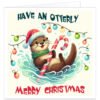 Cute otter Christmas card featuring a festive otter in a Father Christmas hat and green scarf, holding a candy cane among colourful fairy lights, with “Have an Otterly Merry Christmas” wording.