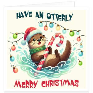 Cute otter Christmas card featuring a festive otter in a Father Christmas hat and green scarf, holding a candy cane among colourful fairy lights, with “Have an Otterly Merry Christmas” wording.