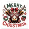 Funny Highland Cow Christmas card featuring a shaggy cow wearing heart-shaped red glasses and a red bow, with colourful Christmas lights wrapped around its horns. Surrounded by a candy cane, wreath, baubles, gift, snowflakes and stars, with "MERRY CHRISTMAS" text. Blank inside, supplied with an envelope.