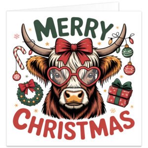 Funny Highland Cow Christmas card featuring a shaggy cow wearing heart-shaped red glasses and a red bow, with colourful Christmas lights wrapped around its horns. Surrounded by a candy cane, wreath, baubles, gift, snowflakes and stars, with "MERRY CHRISTMAS" text. Blank inside, supplied with an envelope.