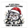 Funny Christmas card featuring a grumpy grey and white cat wearing a red Father Christmas hat and tangled in festive lights, with the joke If Cats Could Send Christmas Cards They Wouldn’t.