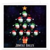 Funny golf Christmas card featuring a festive tree made from red and green golf balls with Santa hats, colourful lights and the words Jingle Balls.