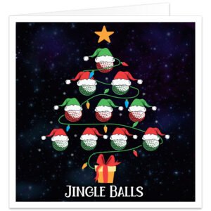 Funny golf Christmas card featuring a festive tree made from red and green golf balls with Santa hats, colourful lights and the words Jingle Balls.