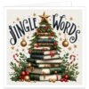 Christmas card featuring a festive tree made from stacked vintage books, decorated with holly, red berries, gold baubles, ribbons and a star, with Jingle Words lettering.