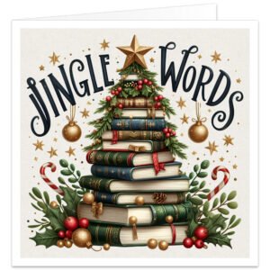Christmas card featuring a festive tree made from stacked vintage books, decorated with holly, red berries, gold baubles, ribbons and a star, with Jingle Words lettering.