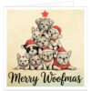 Merry Woofmas Christmas card featuring nine cute dogs stacked like a Christmas tree, wearing festive red Father Christmas hats and collars, topped with a red star.
